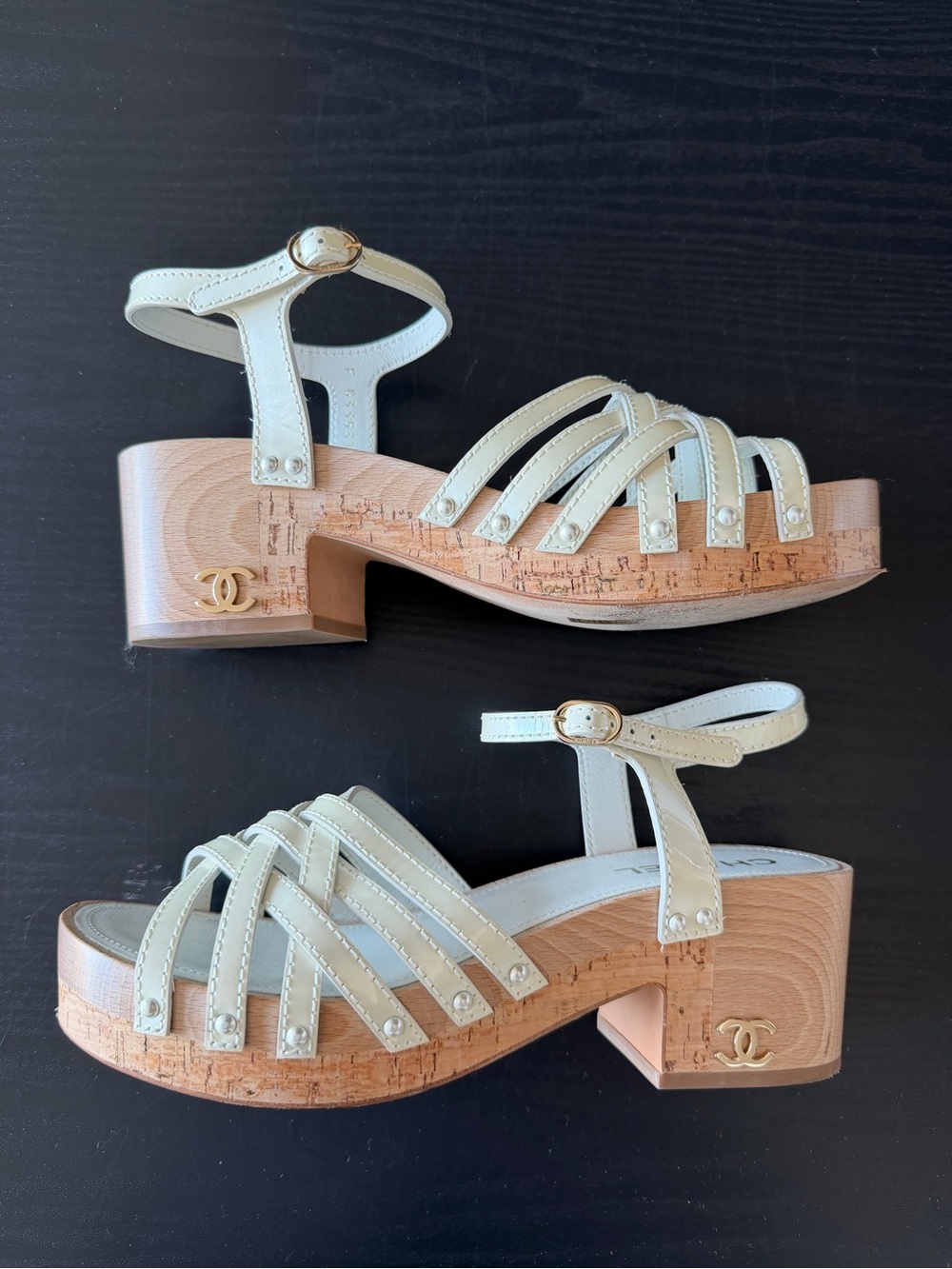 CHANEL Cream Leather Cork Block Heel Sandals with Gold CC Accent